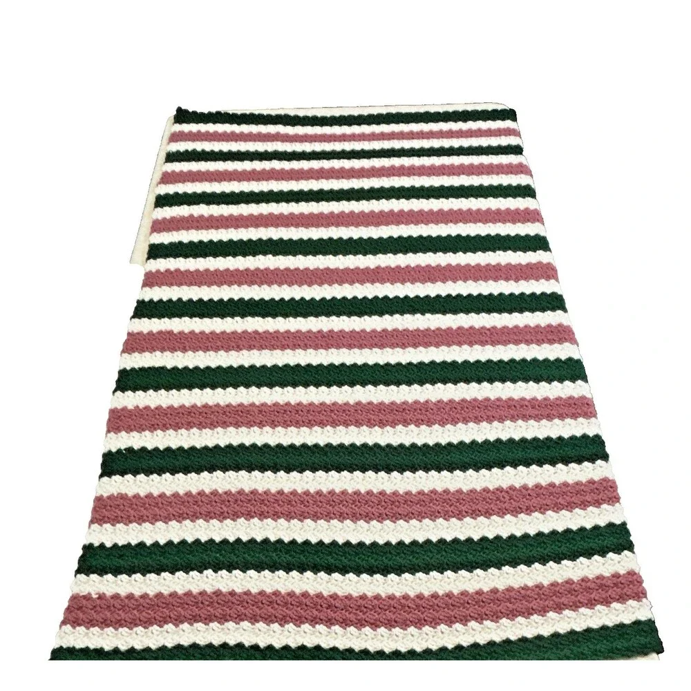 Handmade Crochet Striped Bed Throw Blanket Green White Mauve 48 x 65 in